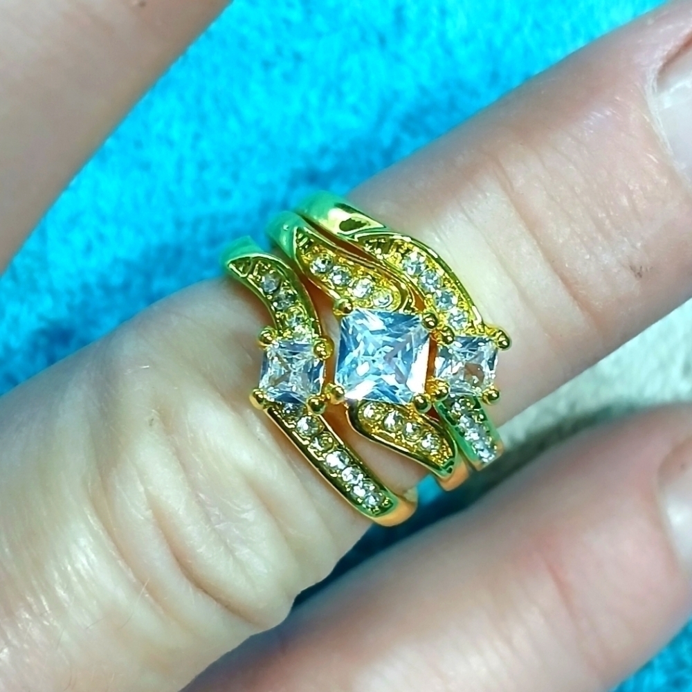 Goldtone wedding engagement 3 ring set cubic zirconia size 7